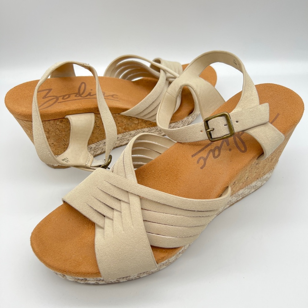 ZODIAC Paola Beige Leather Cork Wedge Platform Espadrilles Sandals Size 10